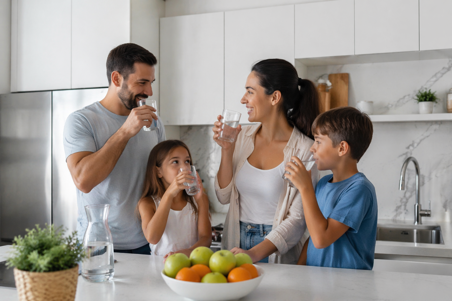 Family drinking water together